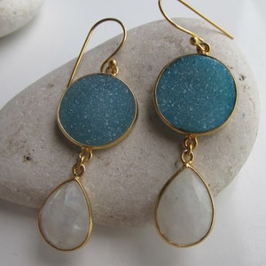 Genuine Moonstone Druzy Earring- Unique Statement Earring- Double Stone Earring- Two Stone Drop Earring- Blue White Bezel Earring