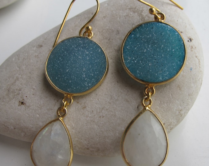 Genuine Moonstone Druzy Earring- Unique Statement Earring- Double Stone Earring- Two Stone Drop Earring- Blue White Bezel Earring