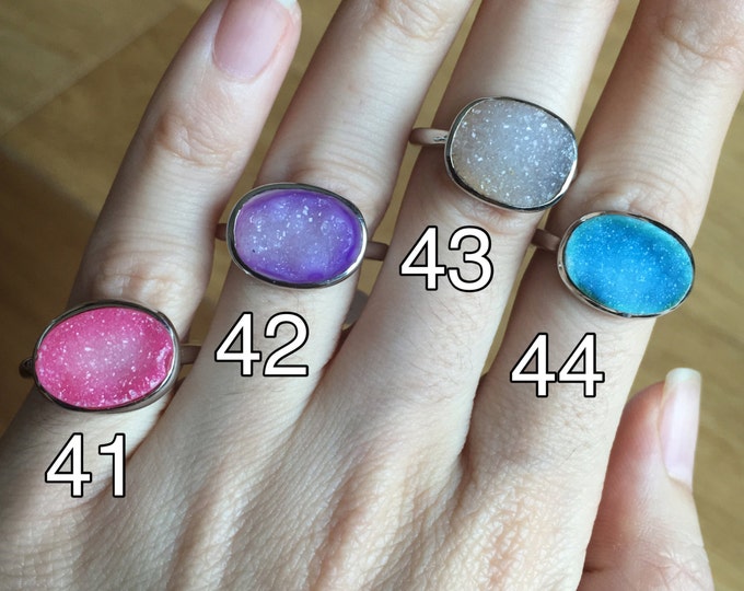 Genuine Oval Round Druzy Agate Sterling Silver Ring- 925 Colorful Gemstone Statement Bezel Ring for Her Teacher Best friend Bridesmaid
