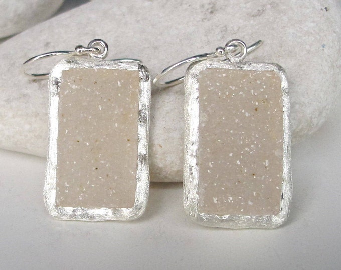 Real Druzy Handmade Earring Rectangle Beige Sterling Silver Druzy Dangle Drop Long Geometric Raw Rustic Boho Bridal Earring Bohemian