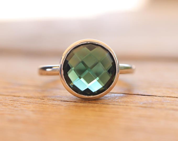 Round Green Quartz Ring- Stackable Dark Green Topaz Ring- Statement Green Stone Ring- Solitaire Sterling Silver Ring-