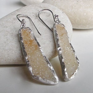 Sterling Silver Druzy Dangle Earring Long Raw Crystal Silver Druzy Drop Earring Rough Stone Raw Boho Genuine Druzy Handmade Silver Earring