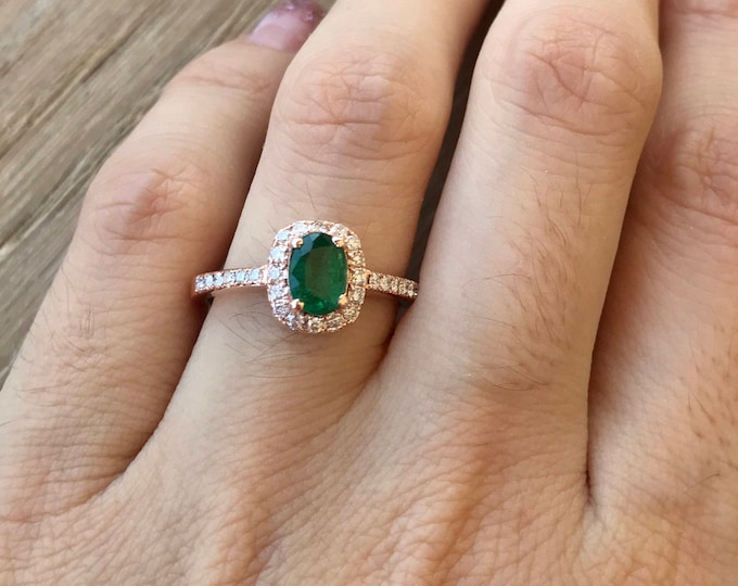 Emerald Engagement Ring Rose Gold Oval Halo Diamond Natural Emerald Ring