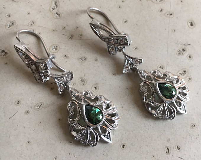 Art Deco Dangle Earring- Victorian Drop Long Earring- Edwardian Vintage Inspired Earring- Emerald Sapphire Garnet Earring- Intricate Earring