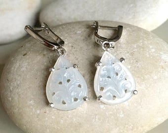 White Moonstone Bridal Drop Earring- Pear Pearl Dangle Wedding Earring- White Gemstone Moonstone Earring- Unique Classic Earring