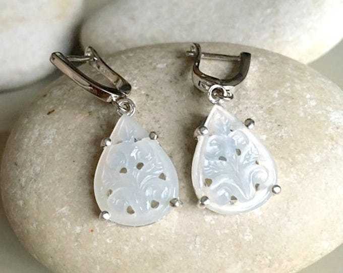 White Moonstone Bridal Drop Earring- Pear Pearl Dangle Wedding Earring- White Gemstone Moonstone Earring- Unique Classic Earring