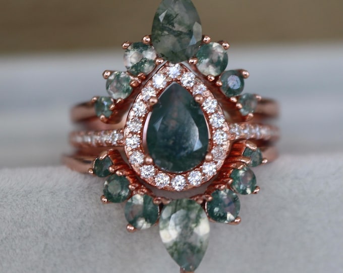Teardrop Moss Agate Halo Bridal 3 Ring Set- Pear Natural Moss Agate Engagement Ring- Genuine Green Gemstone Promise Ring and Moss Agate Band