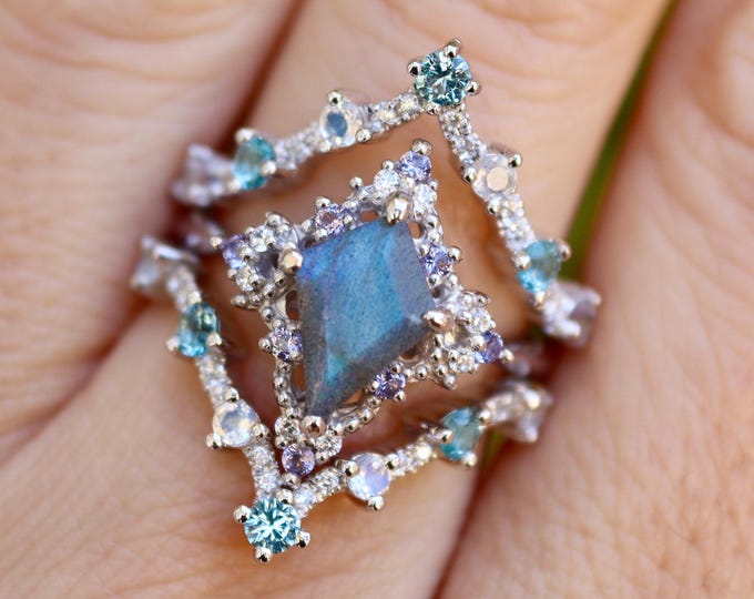 Kite Labradorite Halo Engagement 3 Ring Set with Blue Moonstone Contour Wedding Bands