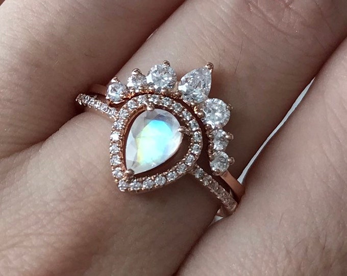 Halo Pear Rainbow Moonstone Engagement Ring- Genuine Teardrop Moonstone Promise Halo Ring- June Birthstone Ring- Solitaire Anniversary Ring