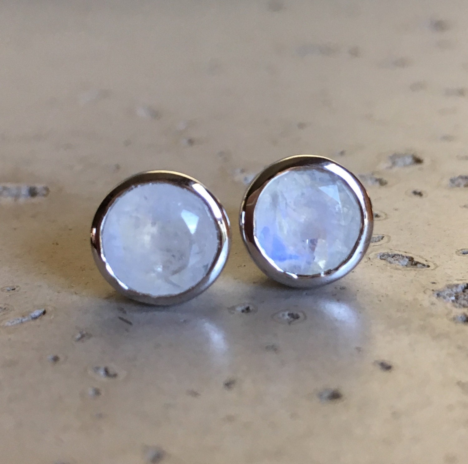 Blue Flash Moonstone Round Stud Earring Moonstone Bezel Sterling