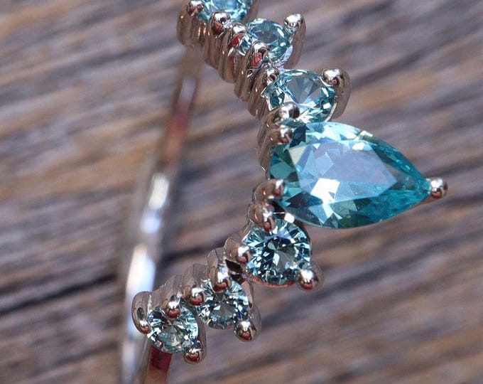 Neon Blue Paraiba Tourmaline Half Circle 14k Gold Wedding Band- Chevron Contour 14k White Gold Band-Enhancer Guard Blue Stack 14k Rose Band