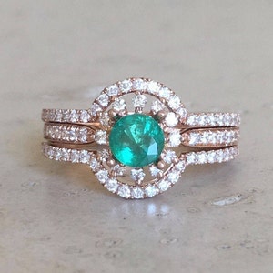 Emerald Floral Engagement Ring Set- Emerald Halo Engagement Rose Gold Ring- Flower Engagement Ring- Genuine Emerald Bridal Set Wedding Ring