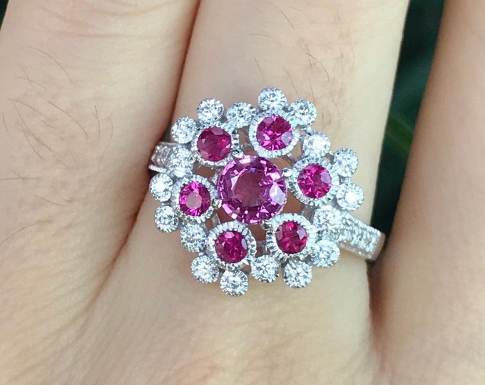 Genuine Ruby Cluster Diamond White Gold Solitaire Ring-Deco Ruby Engagement Ring-Round Milgrain Anniversary Natural Ruby 18k White Gold Ring