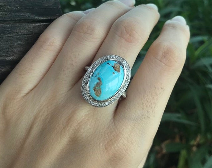 Turquoise Elongated Oval Statement Ring- Genuine Turquoise Halo Solitaire Ring- Unique Large Boho Turquoise Ring- December Birthstone Ring