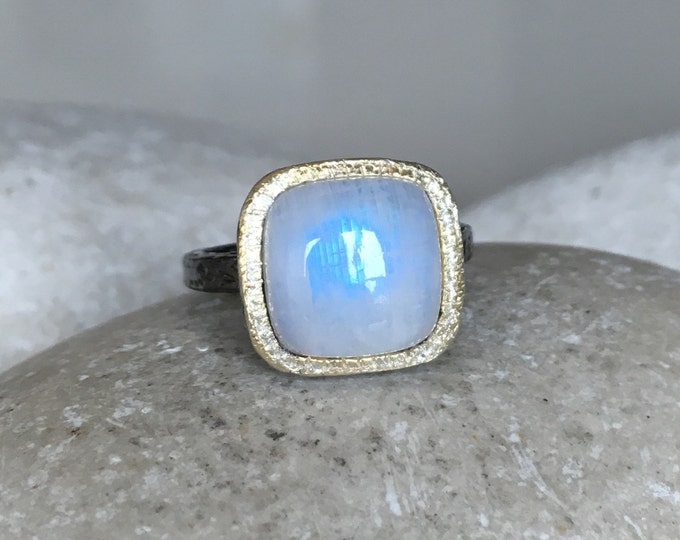 Cushion Moonstone Rustic Statement Ring- Rainbow Moonstone Square Black Ring- June Birthstone Ring- Unique Cabochon Moonstone Ring