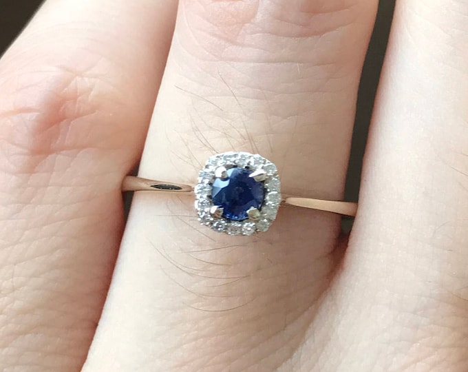 Dainty 0.21ct Blue Sapphire Promise Ring for Her- Dark Blue Sapphire Engagement 18k White Gold Ring- Halo Genuine Sapphire Anniversary Ring