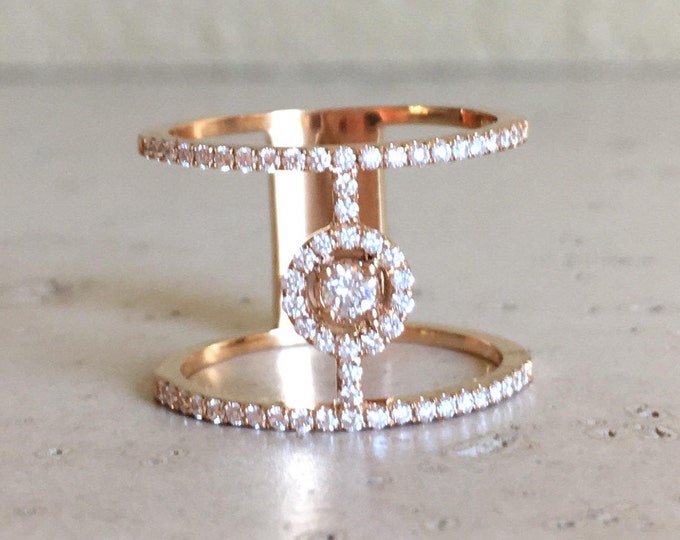 Diamond Bar Ring Rose Gold X Statement Ring Cross Micro Pave Diamond