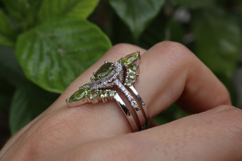 Halo Teardrop Peridot Bridal 3 Ring Set Pear Green Gemstone Anniversary