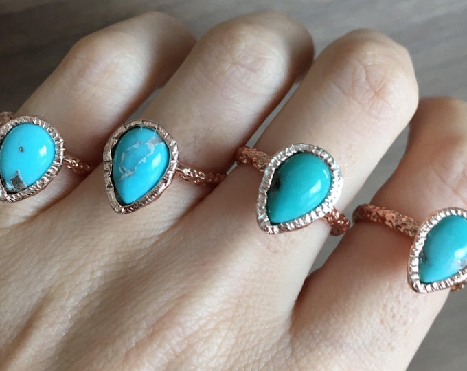 Turquoise Teardrop Rose Gold Ring-Genuine Turquoise Pear Statement Hammered Ring-Natural Blue Turquoise Ring-Rustic Turquoise Solitaire Ring