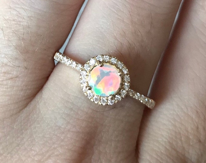 Natural Opal Engagement Halo Ring- Genuine Round Opal Promise Ring for Her- Rainbow Welo Opal Anniversary Ring- Rose Gold Opal Ring