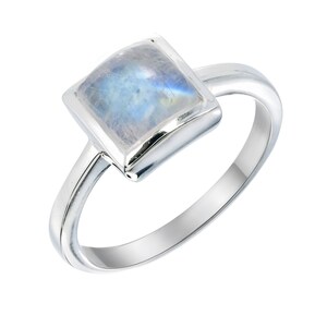 Genuine Square Moonstone Ring- Sterling Silver Natural Moonstone Ring- Stackable 7mm Rainbow Moonstone Bezel Ring