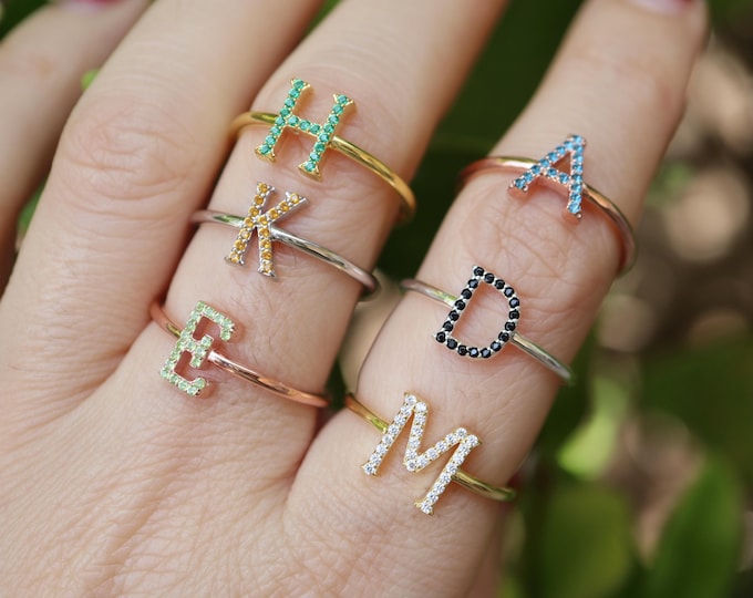 Family Birthstone Initial 8.5mm Ring- Gemstone Dainty Minimalist Letter 925 Sterling Silver Ring- Gifts for Mom Graduates Girlfriend