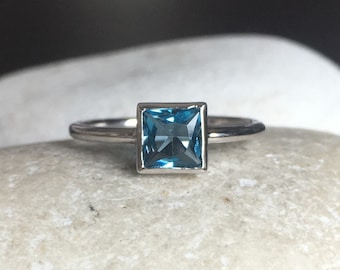 Genuine London Blue Topaz Dainty Ring- Dark Natural Blue Topaz Square Stack Ring- Small December Birthstone Ring- Midi Pinky Knuckle Ring