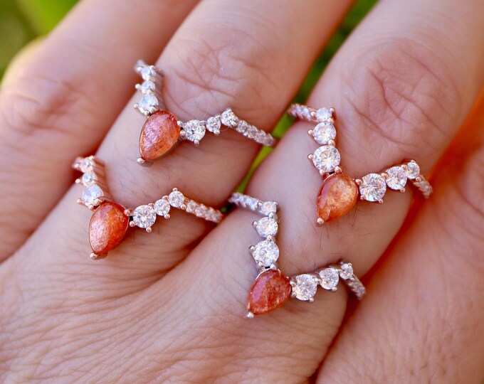 Genuine Pear Oregon Sunstone Cluster Contour Wedding Band in Solid 10k 14k 18k Gold