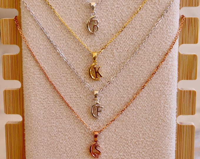 Crescent Moon Initial Zodiac Celestial Necklace- Alphabet Letter Sterling Silver 925 - Gifts for Mom Graduate Bridesmaid Friend Girlfriend