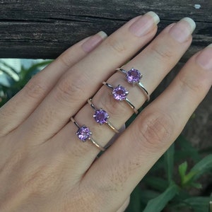 Genuine Amethyst Round Dainty Stackable Ring Purple Amethyst 4 Prong Silver Ring Purple Gemstone Ring February Birthstone Ring image 2