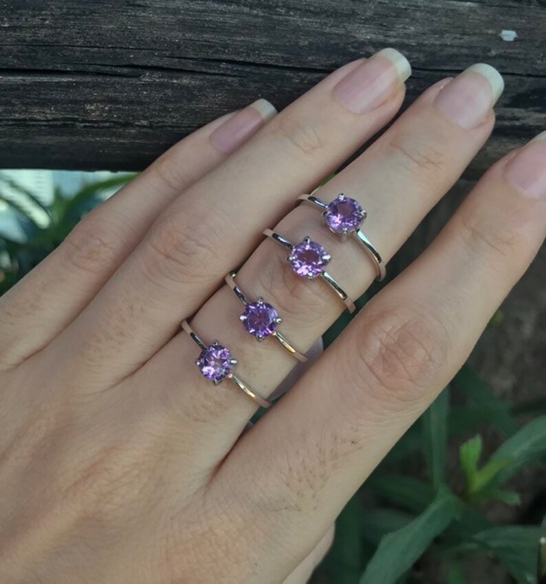 Genuine Amethyst Round Dainty Stackable Ring Purple Amethyst 4 Prong Silver Ring Purple Gemstone Ring February Birthstone Ring image 2
