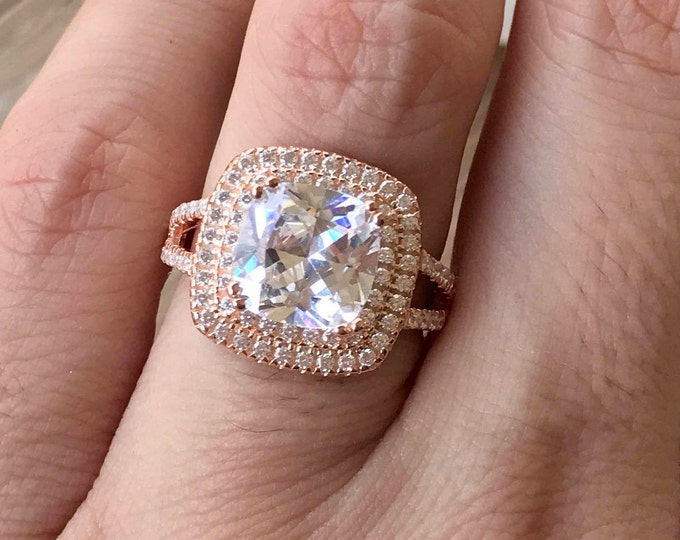 3.80ct Diamond Colorless Halo Engagement Ring- Square Diamond Simulant Double Band Ring- Rose Gold Promise Ring For Her-Large Solitaire Ring