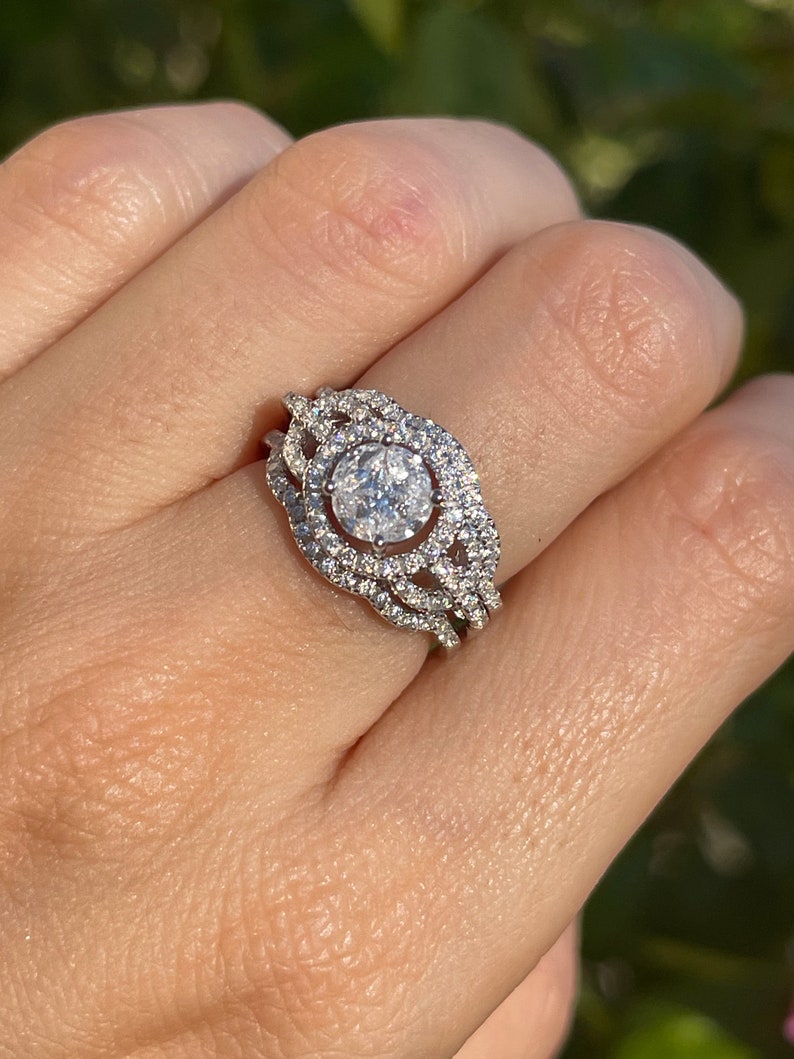 Cluster Diamond Simulant Deco Bridal Ring Set Alternative Diamond Halo Engagement Rings-Vintage Colorless Gemstone Ring with 2 Wedding Band image 2