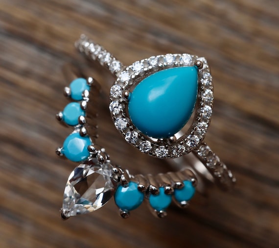 Teardrop Halo Bohemian Turquoise Bridal Sterling Silver Ring Set
