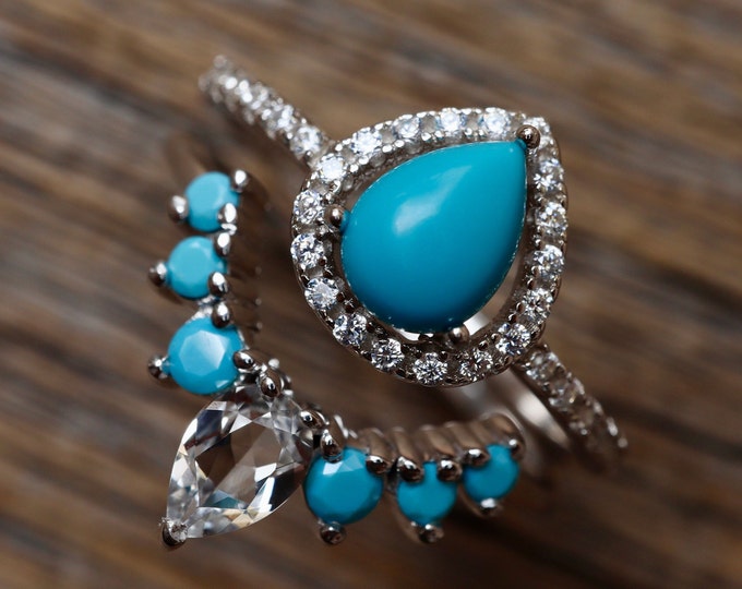 Teardrop Turquoise Bohemian 2 Ring Set- Pear Blue Aqua Turquoise Wedding Engagement Rings- Anniversary Real Solid 14k/18k Gold Ring Set