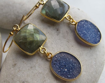 Labradorite Druzy Long Earring- Two Stone Statement Earring- Iridescent Dangle Earring- Unique Gemstone Earring- Colorful Festival Earring