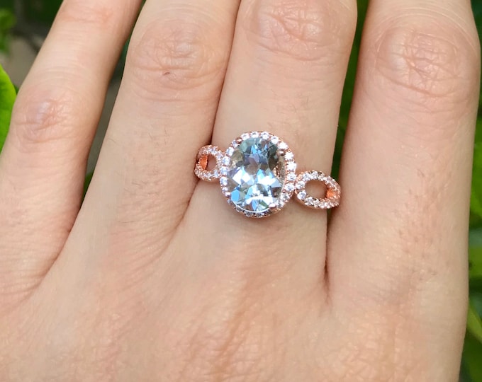 Rose Gold Halo Aquamarine Ring Set- Aquamarine Engagement Oval Bridal Ring Set- Blue Stone Promise Ring- Anniversary Solitaire Ring