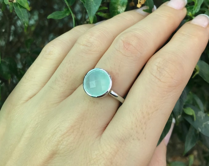 Genuine Aqua Blue Chalcedony Round Sterling Silver Ring