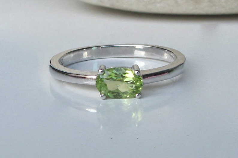 Peridot Dainty Oval Small Ring- Green Peridot Genuine Silver Ring- Minimal Simple August Birthstone Natural Silver Stack Peridot Ring 