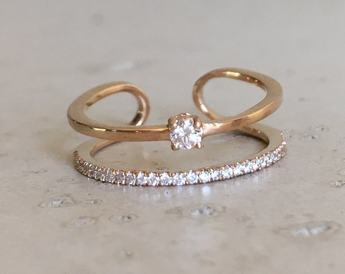 Rose Gold Diamond Ring- Double Band Minimalist Ring- Midi Diamond Gold Band- April Birthstone Ring- Boho Chic Diamond Ring