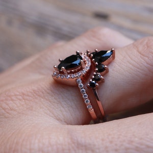 Teardrop Black Onyx Engagement Silver Ring Set Pear Black Diamond Alternative 2 Rose Ring Black Halo Ring with Wedding Band image 4