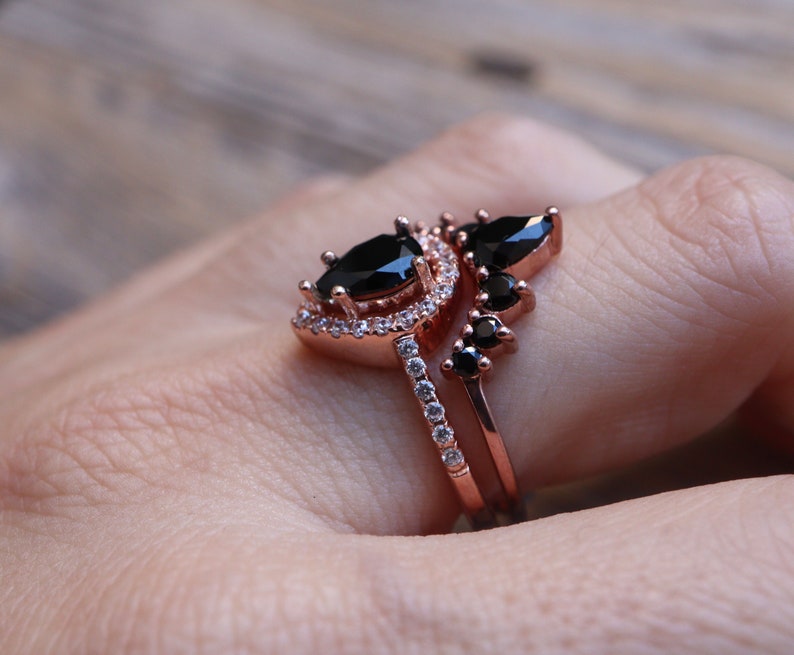 Teardrop Black Onyx Engagement Silver Ring Set Pear Black Diamond Alternative 2 Rose Ring Black Halo Ring with Wedding Band image 4