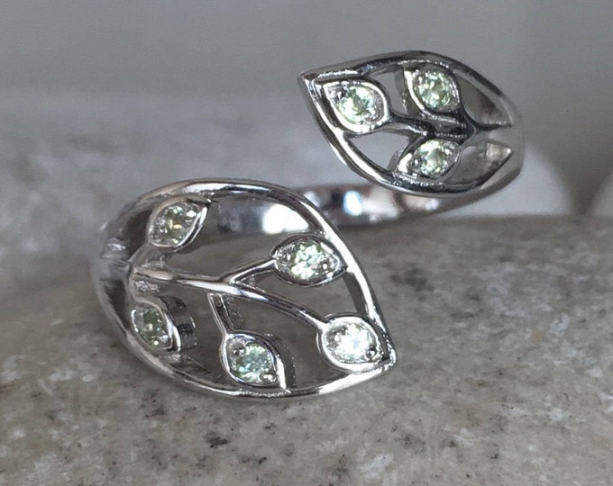 Peridot Ring Leaf in Sterling Silver Adjustable August Birthstone Multistone