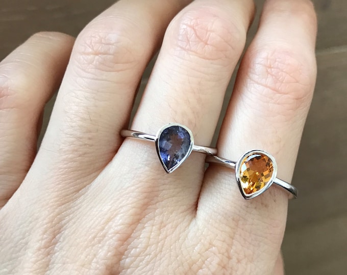 Stackable Pear Shape Ring- Gemstone Stacking Sterling Silver Ring- Birthstone Faceted Bezel Ring- Citrine Iolite Stone Ring