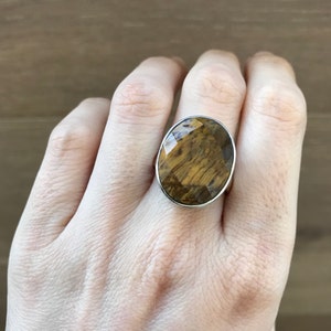 Statement Tiger Eye Ring- Oval Tiger Eye Ring- Large Brown Golden Gemstone Ring- Chunky Stone Ring- Sterling Silver Ring