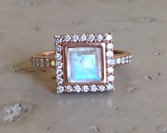 Princess Moonstone Engagement Ring- Square Moonstone Rose Gold Ring- Halo Diamond Moonstone Ring- Rainbow Moonstone Alternative Ring