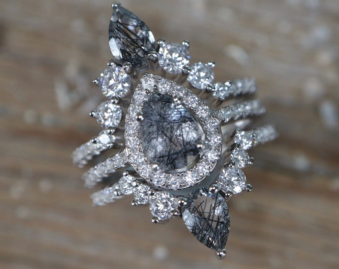 Teardrop Genuine Salt Pepper Rutile Halo Bridal 3 Ring Set in Solid 14k 18k Gold