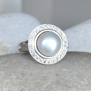 Real Pearl Engagement Ring- Genuine Freshwater Pearl Ring- Halo Natural Pearl Engagement Ring- Gemstone Engagement Ring June Birthstone Ring
