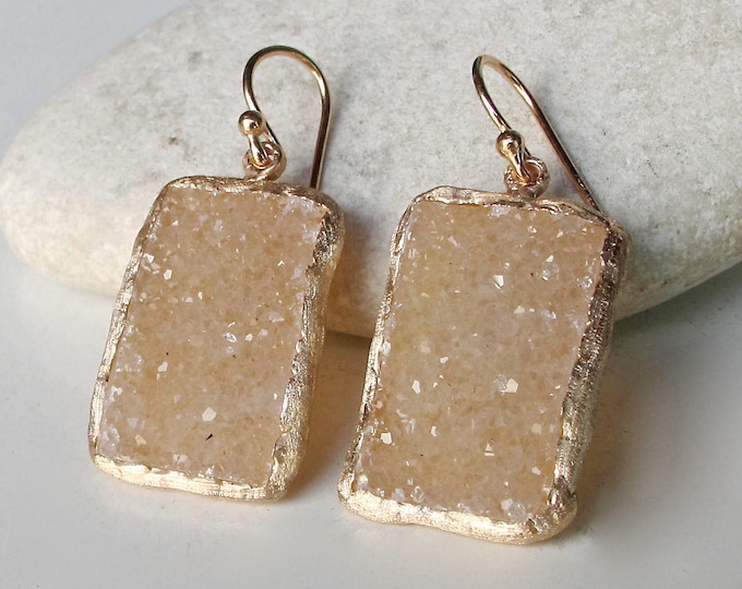 Rose Gold Druzy Earring- Real Druzy Raw Earring- Rough Raw Crystal Earring- Rectangle Bridal Earring- Handmade Statement Rustic Earring