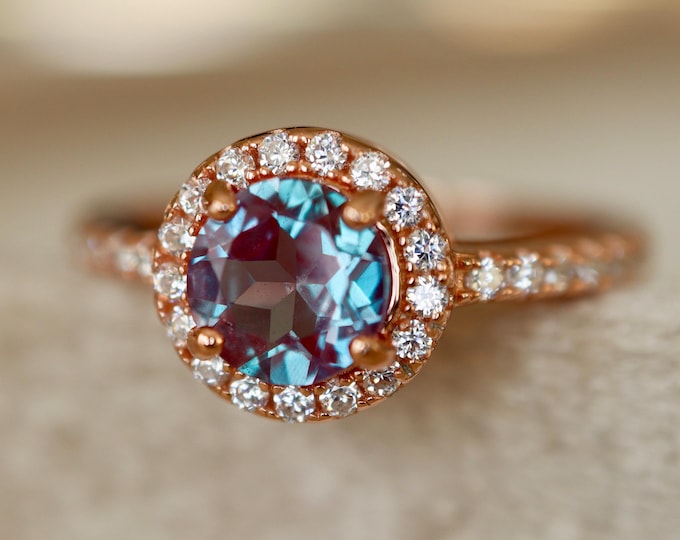 Round Halo Color Change Purple Blue Alexandrite Dainty Solitaire Sterling Silver Ring